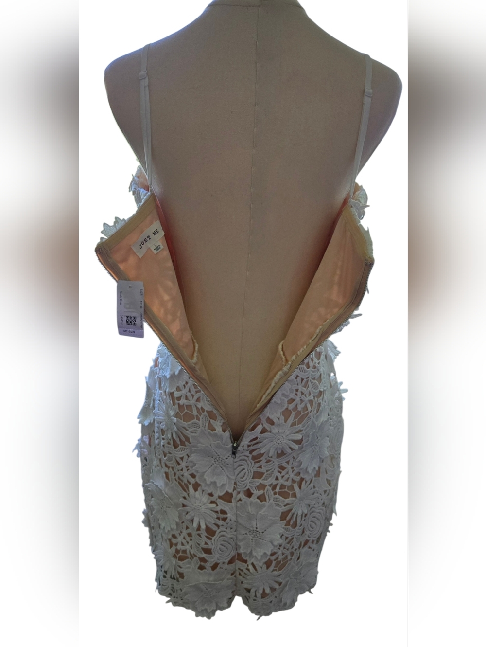 NWT~ Just Me 3D Floral Appliqué Crochet Lace Mini Dress in White/Nude - Picture 10 of 13